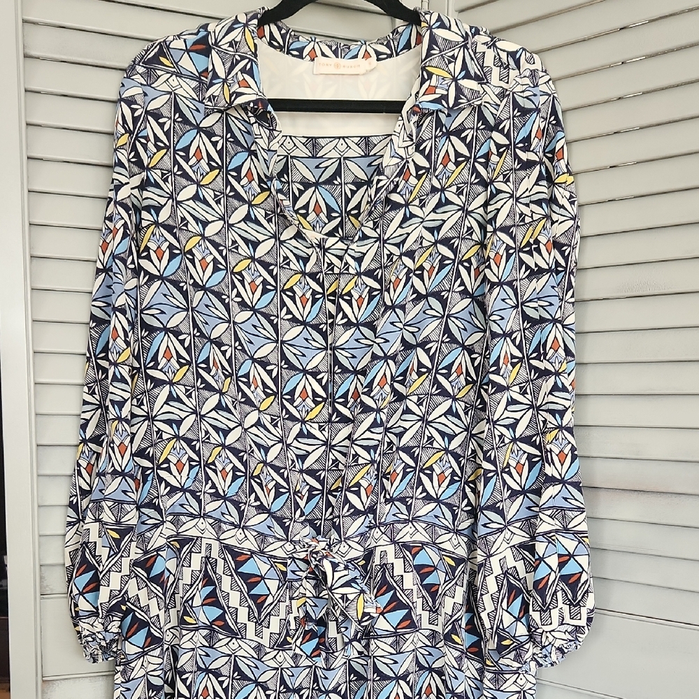 Tory Burch Geo Print Silk Drawstring Shirtdress EUC Riviera Blue Pockets
